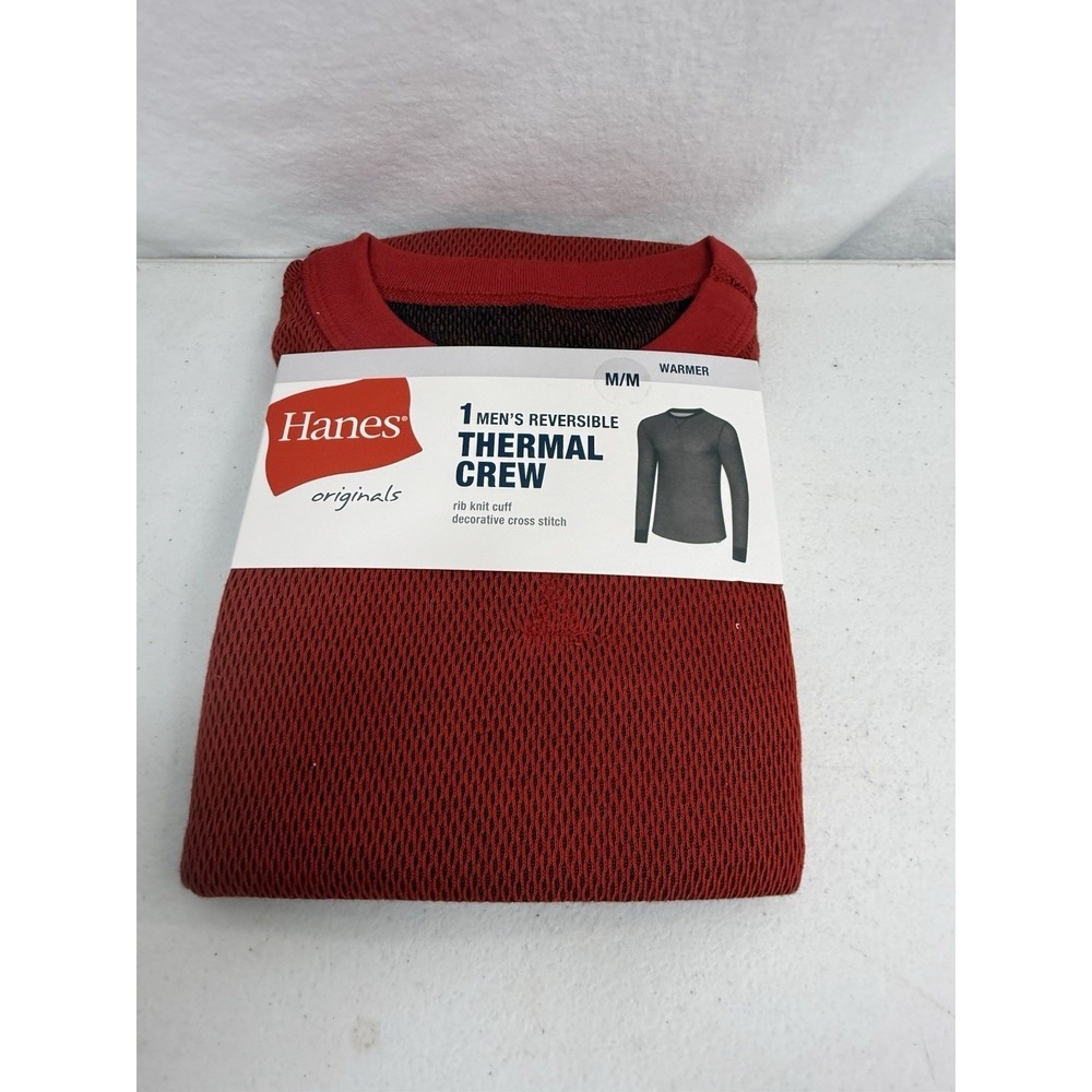 Hanes Men's Red Reversible Thermal Crew Top Long Sleeve Shirt Med